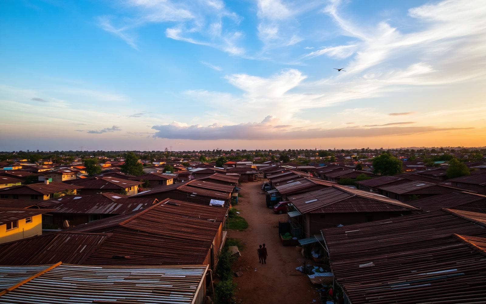 Rooftops of the Sinai settlement in Nairobi at golden hour, with two children walking a path